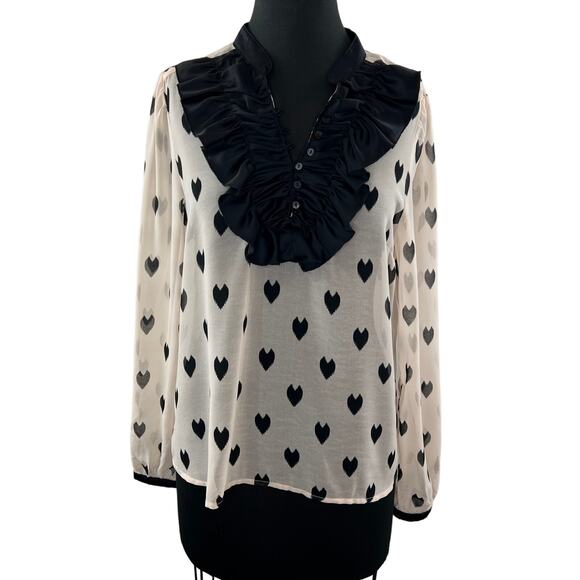 H&M Divided Beige Black Heart Ruffle Neckline Button-Down Long Sleeve Blouse M? - Picture 1 of 6
